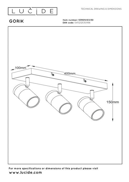 Lucide GORIK - Spot plafond - 3xGU10 - Noir - technique